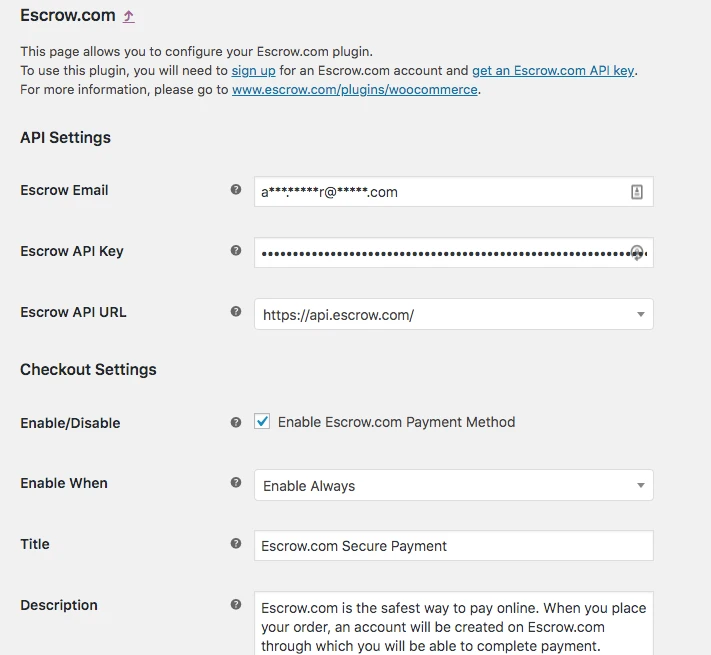 Escrow API Settings