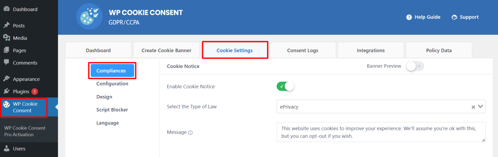 Cookie Settings > Compliances