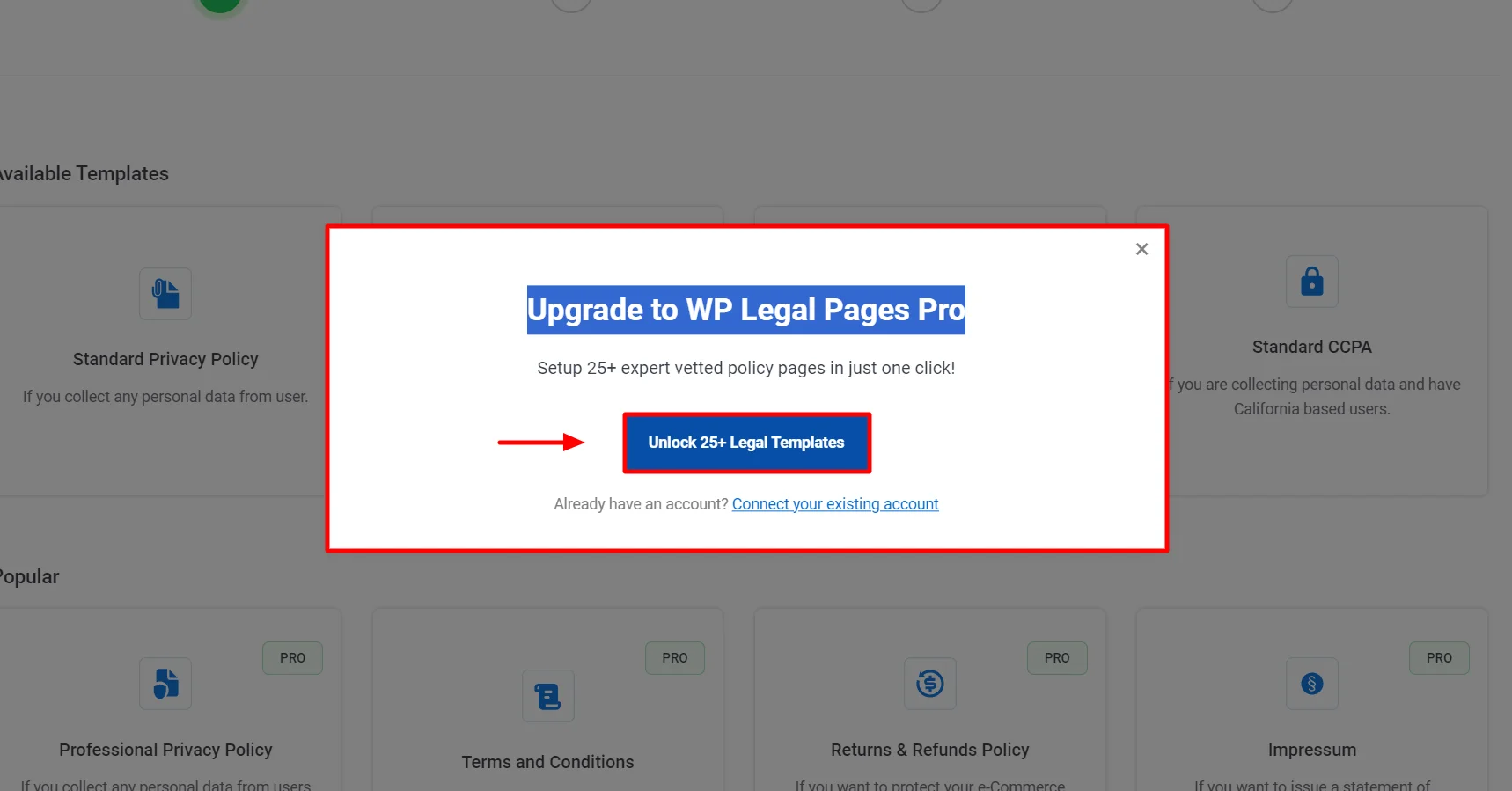 Clicking On unlocking WP Legal pages pro